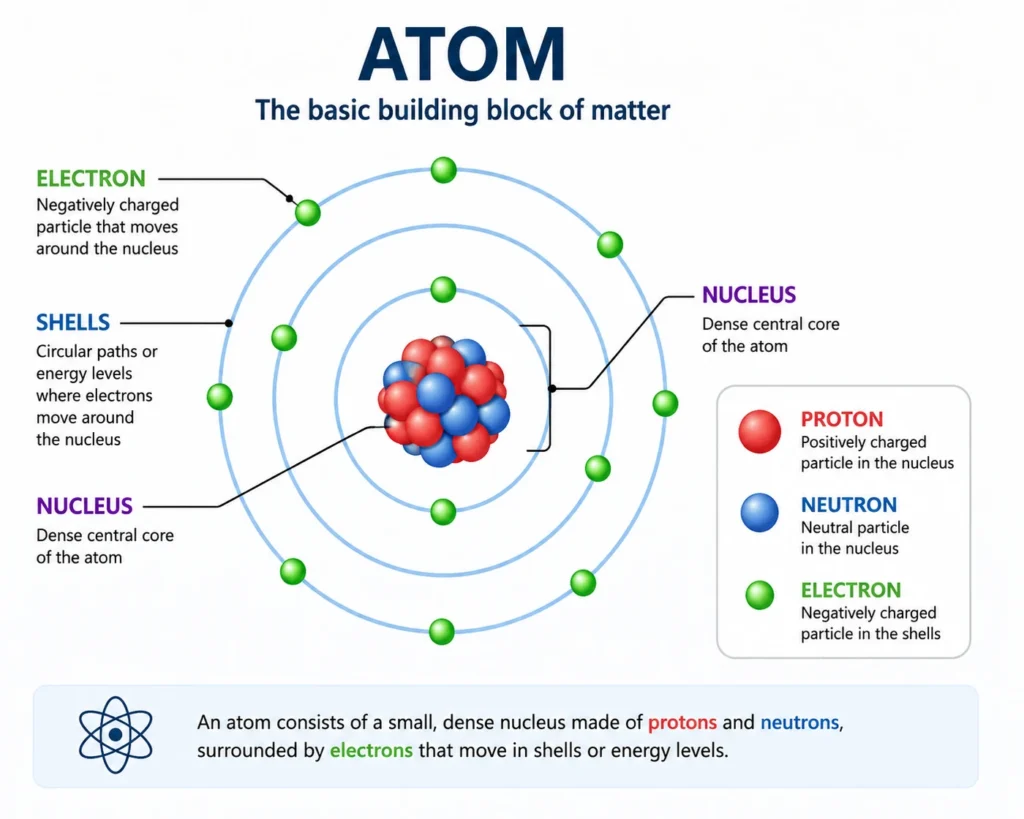 Atom structure diagram showing protons and neutrons in the nucleus, electrons in shells, and the parts of an atom