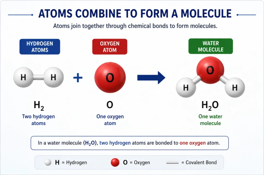 Atoms combining to form a water molecule H2O