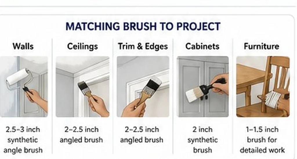 Paint brush selection for walls, ceilings, trim, cabinets, and furniture