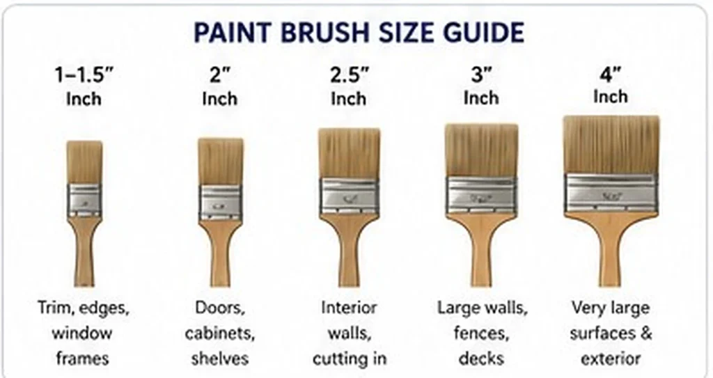 Paint brush sizes from 1 inch to 4 inches and their common uses