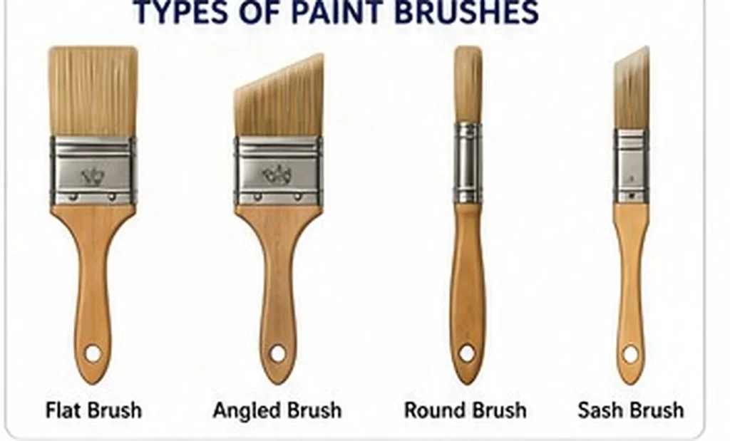 Flat, angled, round, and sash paint brushes