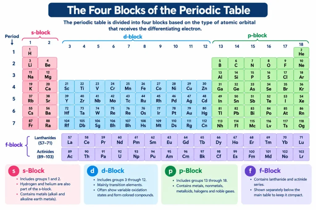 Four blocks of the periodic table showing s-block, p-block, d-block and f-block