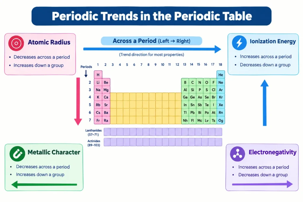 Simple periodic table showing the general trends of atomic radius, ionization energy, electronegativity and metallic character