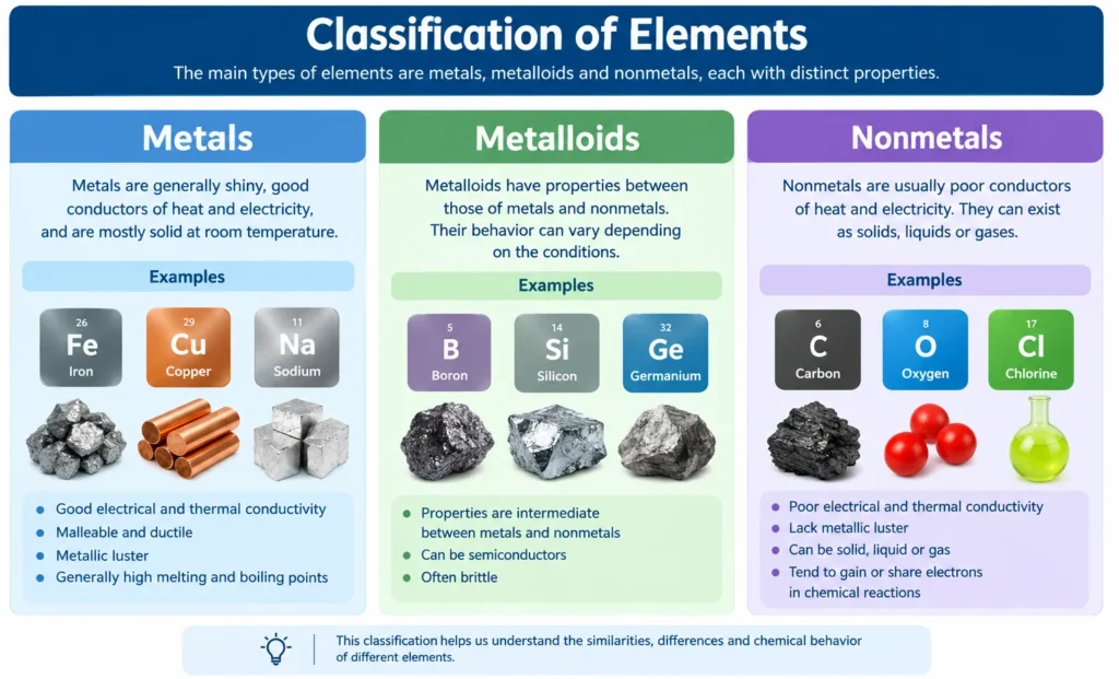 Classification of elements into metals, metalloids and nonmetals with examples and properties